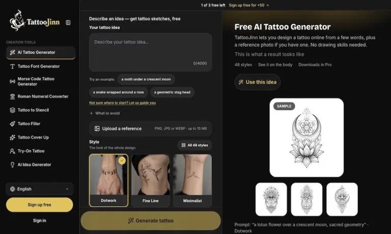 TattooJinn  - Generate custom tattoo designs with AI using text prompts and reference images. Explore unique tattoo  ideas without needing drawing skills